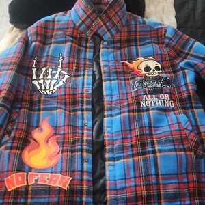 Plaid Flannel Jacket with Graphic Patches